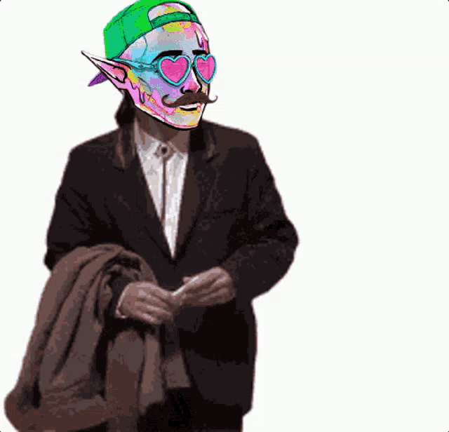 a man in a suit and hat has a colorful mask on his head