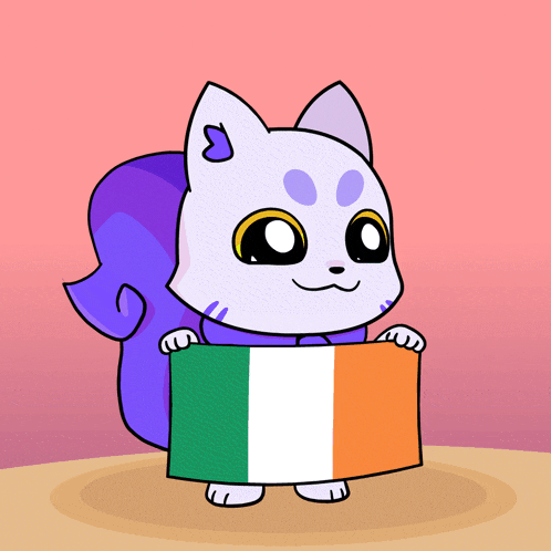 a cartoon cat is holding an irish flag in its paws
