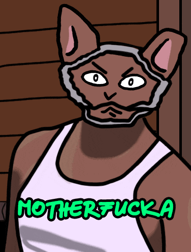 a cartoon of a cat wearing a white tank top with the words mother fuck a below it