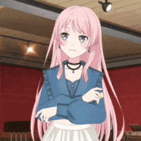 a girl with long pink hair is standing in a room with a red wall .