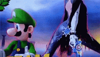 mario and luigi are standing next to each other holding hands in a video game .