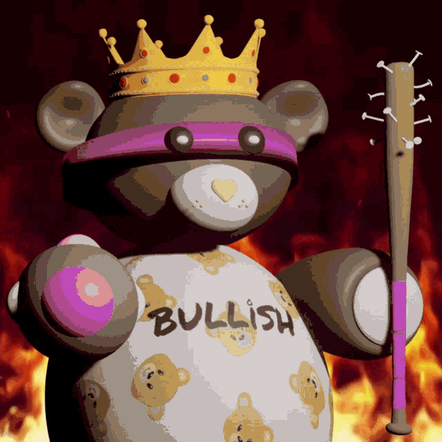a teddy bear wearing a crown and a shirt that says bullish holds a bat