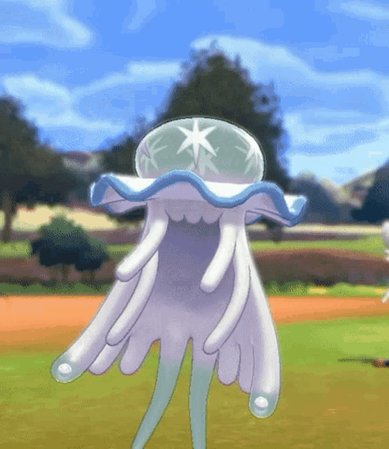 a cartoon jellyfish with a star on its head is standing on a field in a video game .