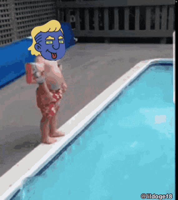 a cartoon of a boy standing on the edge of a swimming pool with the name lildoge18 on the bottom