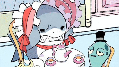a cartoon of a shark sitting at a table with a cup of tea