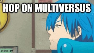 a blue haired anime character with the words hop on multiversus