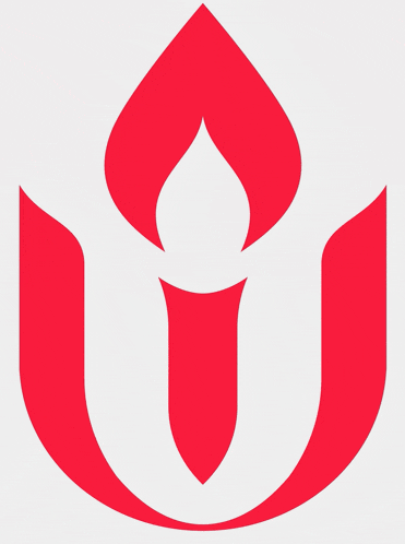 a red and white logo that looks like a flower
