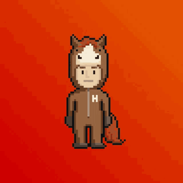 a pixel art drawing of a man in a horse costume with the letter h on his shirt