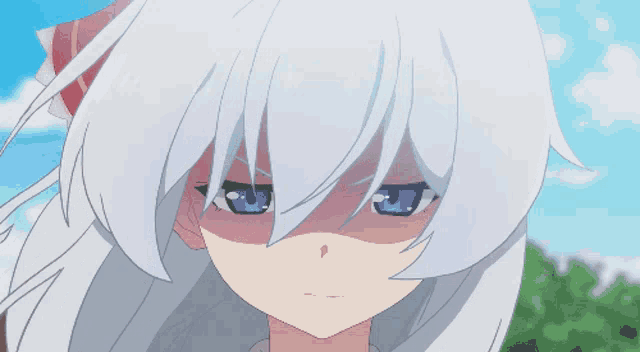a girl with white hair and blue eyes is making a funny face
