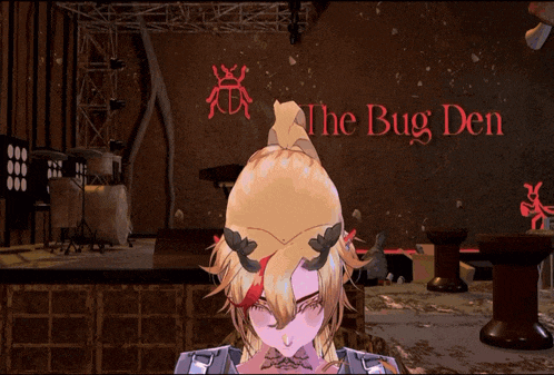 a girl with horns is in front of a sign that says the bug den