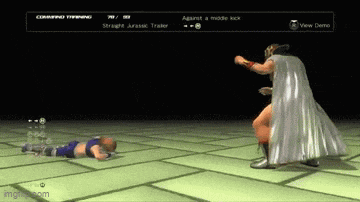 a video game screen shows a man in a white cape kicking another man laying on the floor