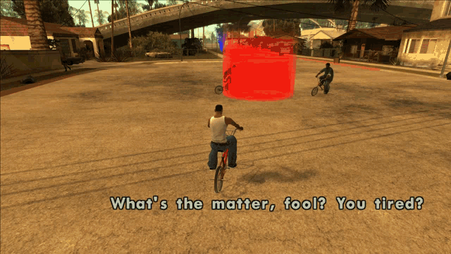 a man riding a bike with the words what 's the matter fool you tired written below him