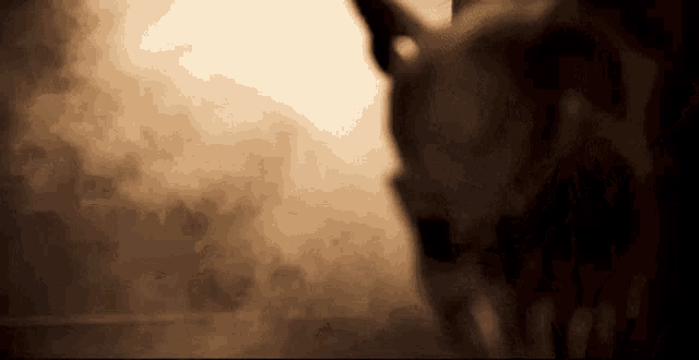 a silhouette of a person in a dark room with smoke coming out of their mouth .