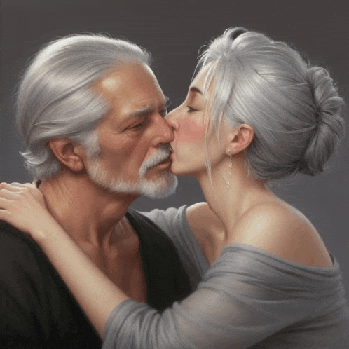 a woman is kissing an older man with a beard