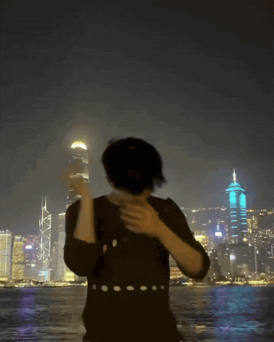 a person standing in front of a city at night