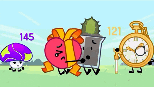 a cartoon of a mushroom , a heart , a cactus and a clock .