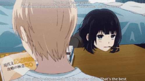 a man and a girl are sitting at a table with a poster that says ' oshi no ko poster child ' on it