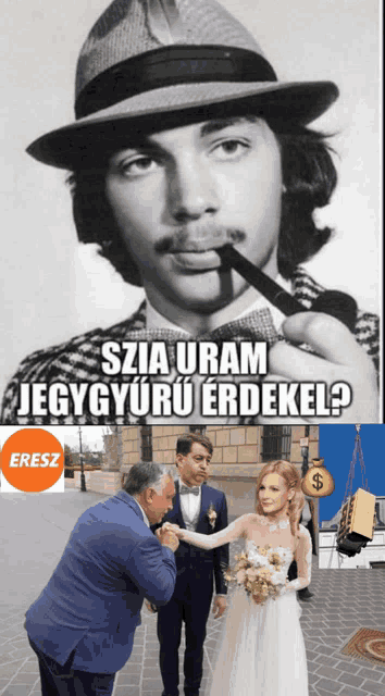 a man smoking a pipe next to a bride and groom