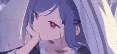 a girl with purple hair and red eyes is looking down