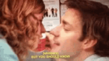 a man and a woman are kissing each other and the woman is whispering but you should know .