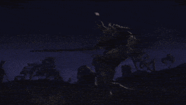 a painting of a man holding a sword fighting a monster