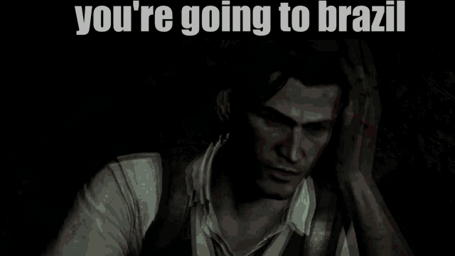a picture of a man with the words " you 're going to brazil " on it