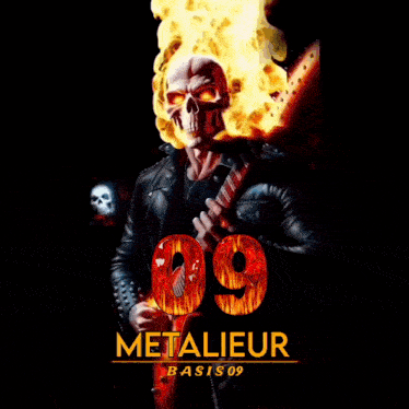 a poster for metalieur basis 09 shows a skeleton playing a guitar