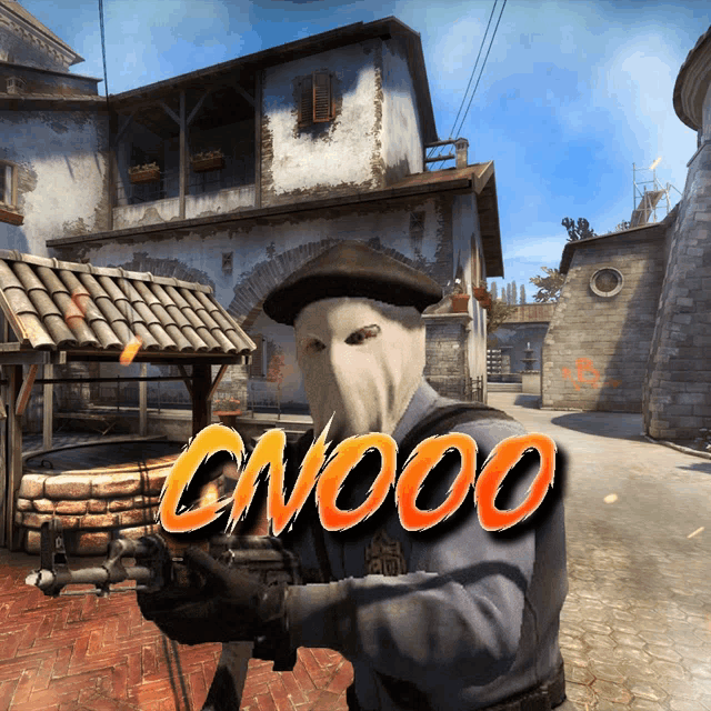 a man with a mask on his face holding a gun with the word cnooo above him