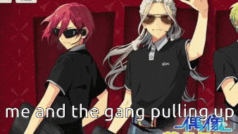 a group of anime characters are standing next to each other with the words `` me and the gang pulling up '' written above them .