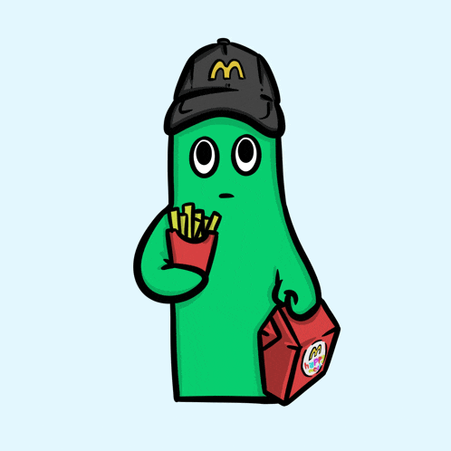 a cartoon character wearing a mcdonald 's hat and holding a bag of french fries