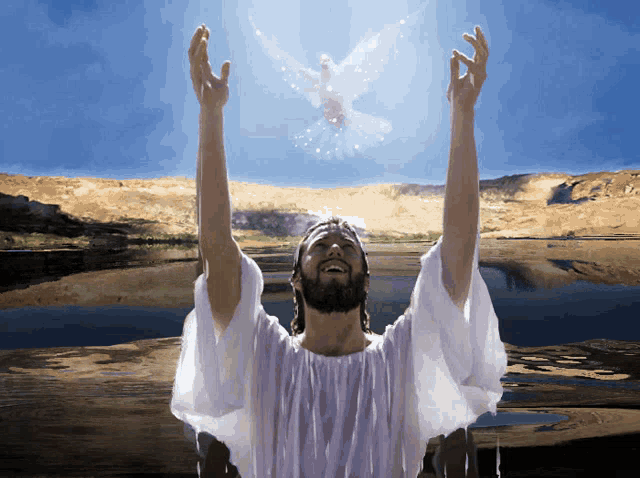 a man in a white robe with his arms outstretched and a dove flying in the sky