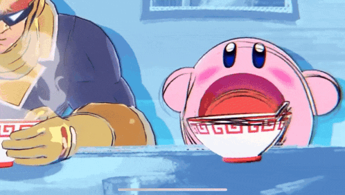 a cartoon drawing of kirby eating a bowl of food