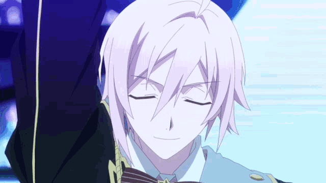 a close up of a anime character with white hair and a bow tie