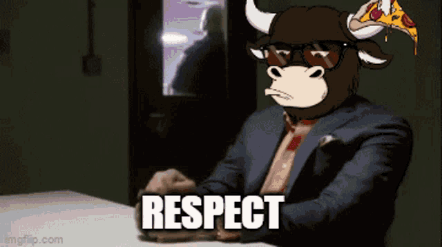 a cartoon of a bull wearing sunglasses and holding a slice of pizza with the words respect below it