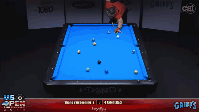 a pool table with a blue cloth and a griff 's logo