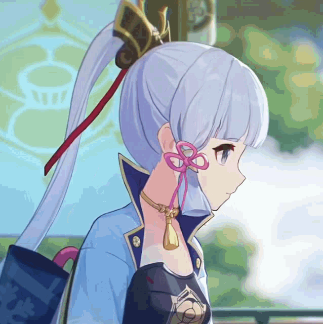a girl with a ponytail and a necklace with a flower on it