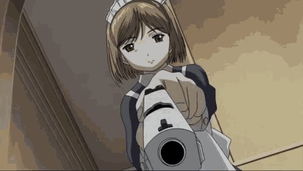 a girl in a maid outfit is pointing a gun at something
