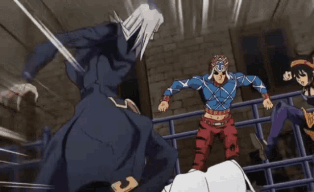 a group of cartoon characters are fighting each other and one of them is wearing a helmet