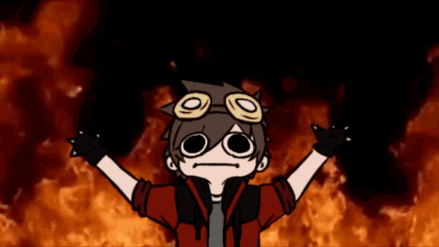 a cartoon character wearing goggles stands in front of a fire background