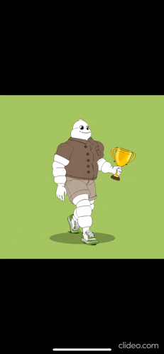a cartoon character is holding a trophy in his hands