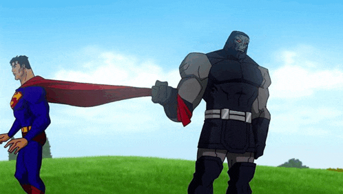 a cartoon of superman and darkseid standing in a grassy field holding hands