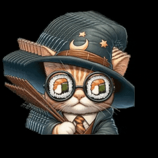 a cat wearing a hat and glasses is holding chopsticks and sushi rolls
