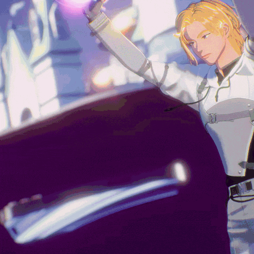 a cartoon character with blonde hair is standing in front of a building