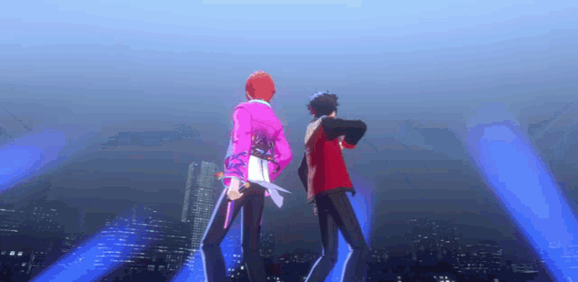 two anime characters are dancing in front of a city at night .