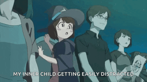 a group of people standing next to each other with the words `` my inner child getting easily distracted '' written below them .