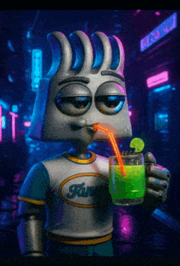 a cartoon character is drinking a green drink through a straw while wearing a shirt that says funny