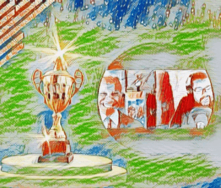 a drawing of a trophy and a man with glasses in the middle