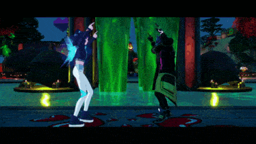 a man and a woman are standing next to each other in a video game scene
