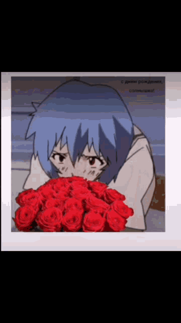 a picture of a girl with blue hair holding a bouquet of red roses