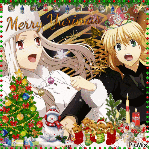 a merry christmas greeting card with anime characters